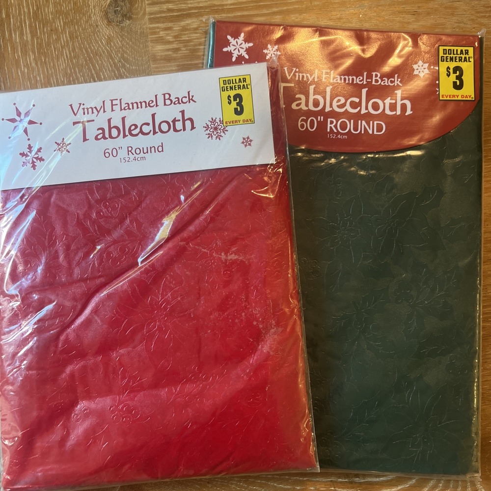 Vintage Vinyl Tablecloth Green Red Flannel Back 60" Round Christmas Lot  of 2